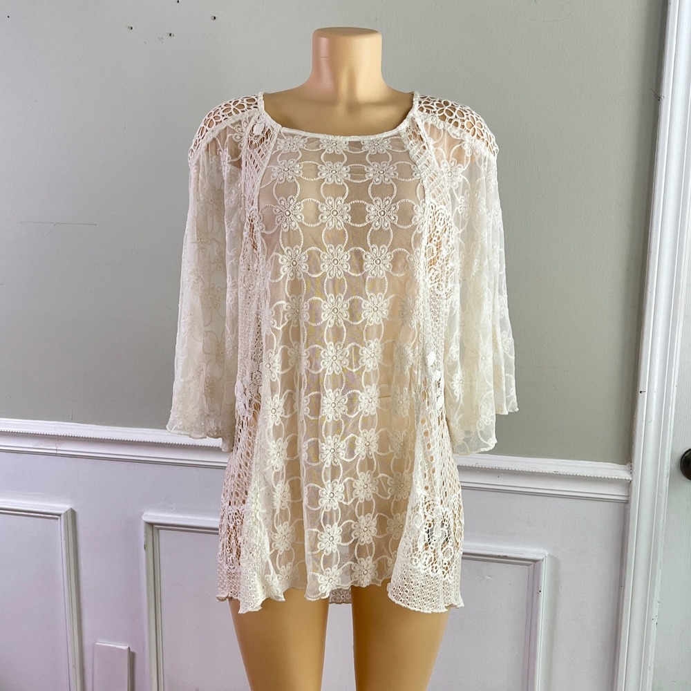 John Mark Lace Tunic Women L Sheer‎ Floral Bell Sleeve High Low Cream Boho Top